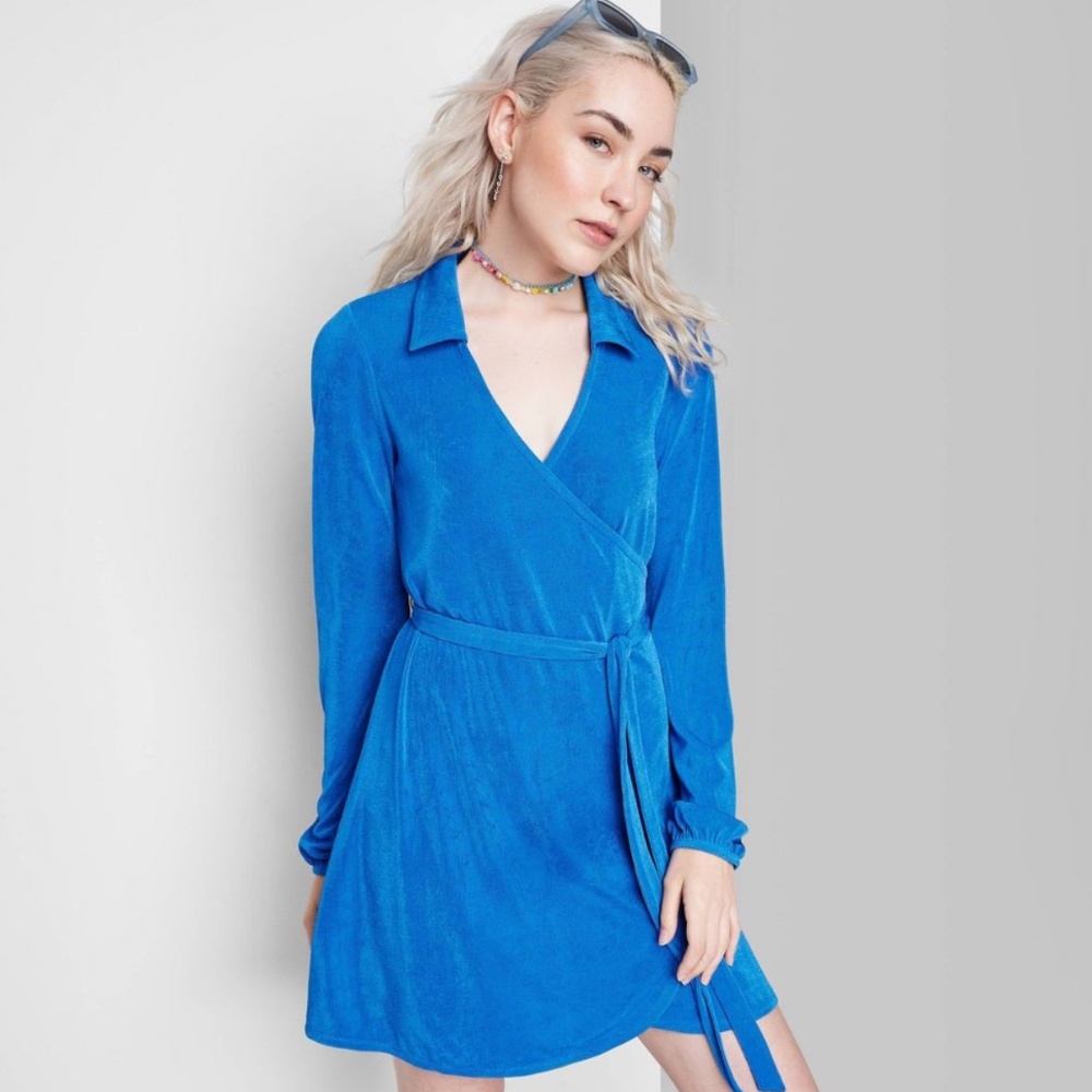 Wild Fable Balloon Sleeve Blue Wrap Dress - L